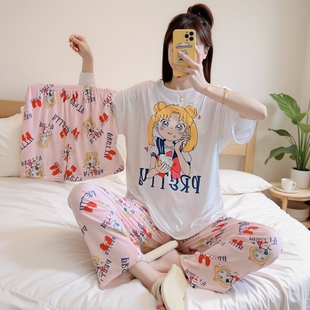 ins春秋可爱新款韩版睡衣女短袖松鼠甜美粉色卡通家居服三件套装