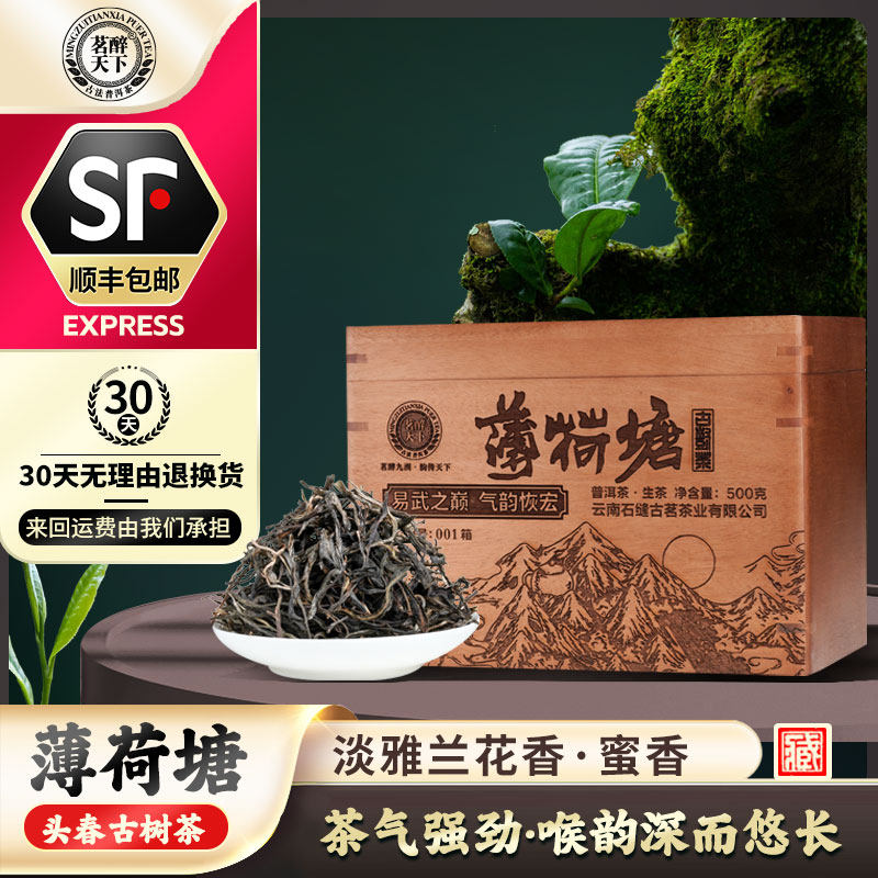 2026年预售易武薄荷塘古树纯料普洱茶生茶散茶实木礼盒装500克