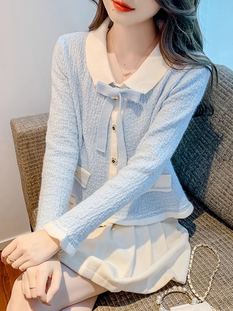 小香风撞色翻领针织外套女设计感蝴蝶结系带针织衫春季温柔系穿搭