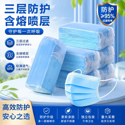 一次性成人口罩蓝色三层防护独立包装防尘防飞沫透气不勒耳口罩