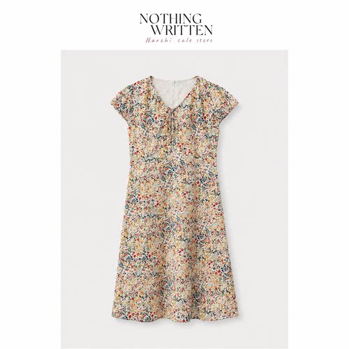 【现货】Nothing Written Narchi法式碎花短袖连衣裙女V领收腰裙