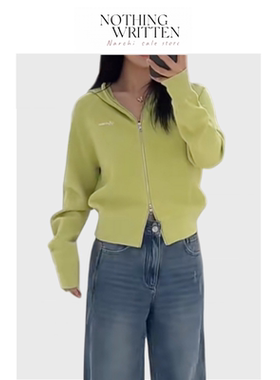 【现货】Nothing Written Narchi青柠绿双拉链连帽针织开衫女上衣