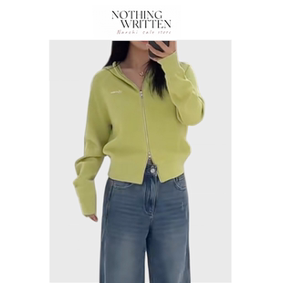 【现货】Nothing Written Narchi青柠绿双拉链连帽针织开衫女上衣