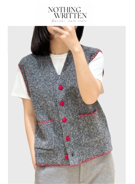 【现货】Nothing Written Narchi V领针织马甲撞色玫红纽扣边无袖