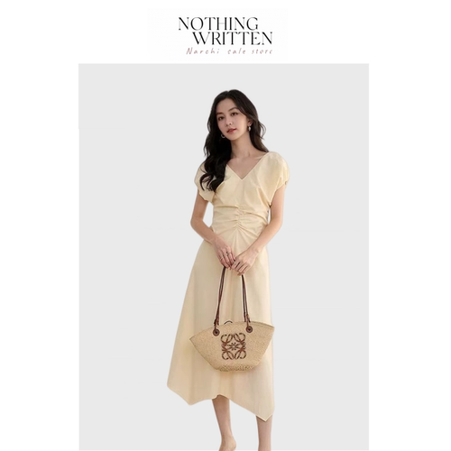【现货】Nothing Written Narchi法式V领花苞泡泡袖褶皱连衣裙女