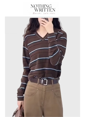 【现货】Nothing Written Narchi复古学院风V领撞色条纹针织衫女
