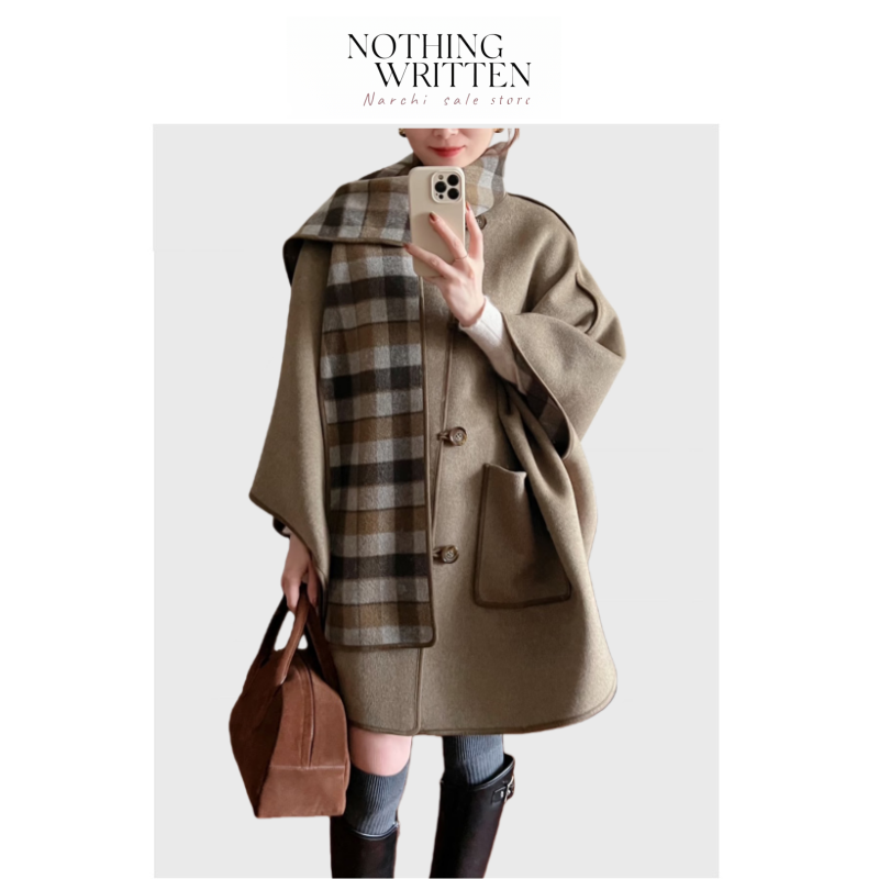 【现货】Nothing Written Narchi宽松两穿围巾斗篷绵羊毛毛呢大衣,女装/女士精品,毛呢外套,淘宝优惠券,粉丝福利购,淘宝优惠卷