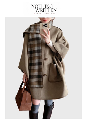 【现货】Nothing Written Narchi宽松两穿围巾斗篷绵羊毛毛呢大衣