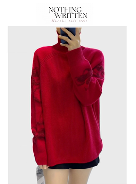 【现货】Nothing Written Narchi红色高领毛衣宽松毛边针织衫上衣