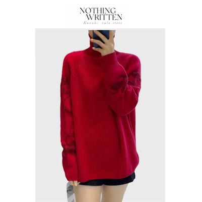 【现货】Nothing Written Narchi红色高领毛衣宽松毛边针织衫上衣