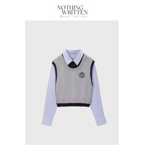 【现货】Nothing Written Narchi撞色假两件针织马甲叠穿条纹衬衫