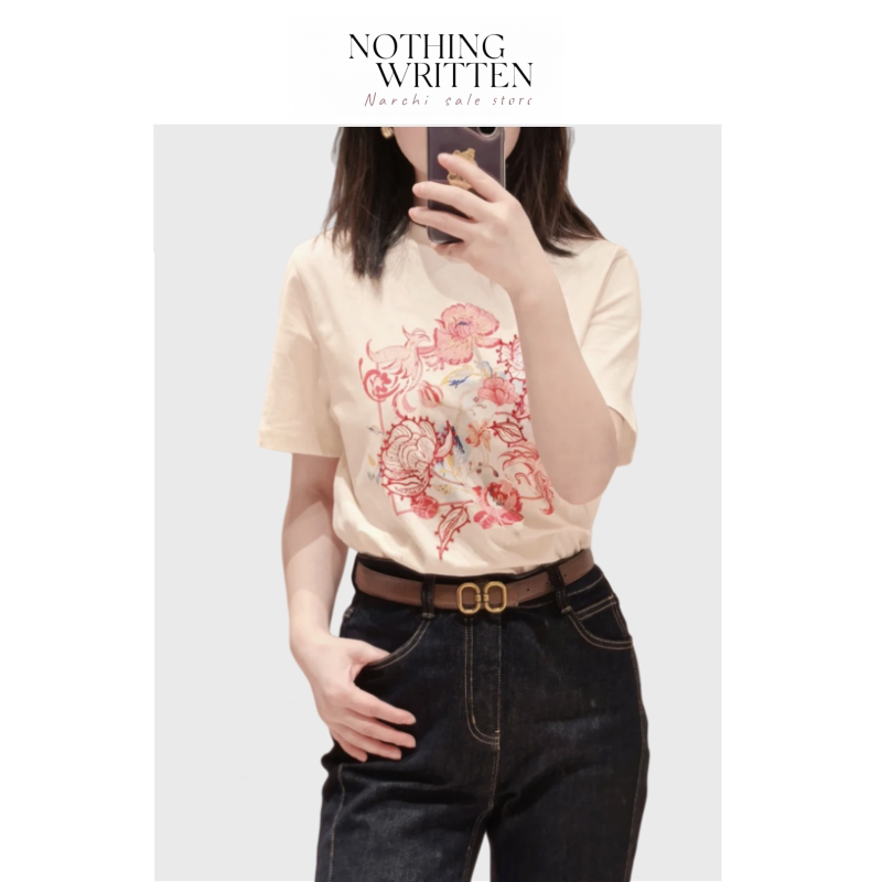 【现货】Nothing Written Narchi米白底红花刺绣T恤宽松显瘦短袖