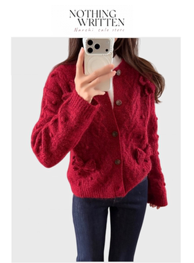 【现货】Nothing Written Narchi车厘子红蝴蝶结绞花针织开衫毛衣