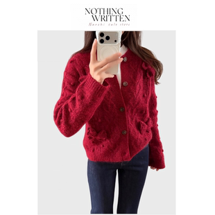【现货】Nothing Written Narchi车厘子红蝴蝶结绞花针织开衫毛衣