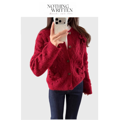 【现货】Nothing Written Narchi车厘子红蝴蝶结绞花针织开衫毛衣