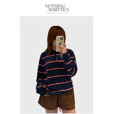 【现货】Nothing Written Narchi缪家刺绣字母条纹翻领T恤POLO衫