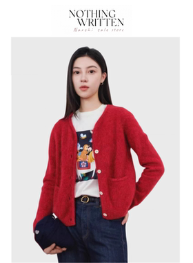 【现货】Nothing Written Narchi新款红色拉绒开衫毛衣女士针织衫