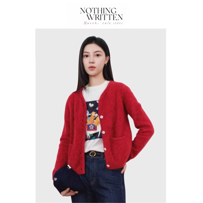 【现货】Nothing Written Narchi新款红色拉绒开衫毛衣女士针织衫