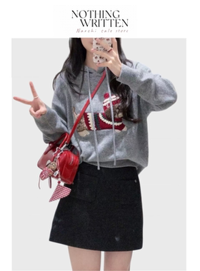 【现货】Nothing Written Narchi灰色连帽针织衫小狗刺绣毛衣帽衫