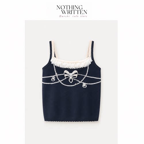 【现货】Nothing Written Narchi蝴蝶结提花珠饰针织衫假两件吊带
