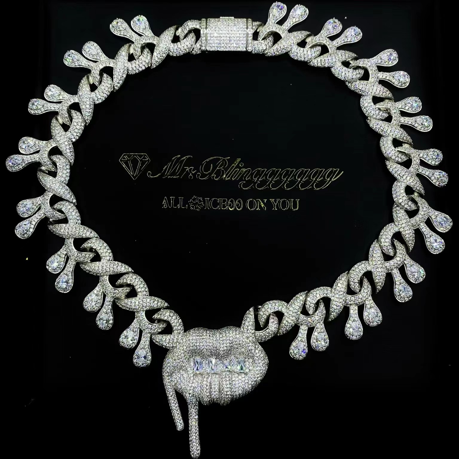 Mr.Blingggggg欧美嘻哈珠宝 kylie jenner同款满钻水滴嘴唇古巴链
