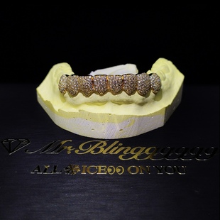 Mr.Blingggggg欧美嘻哈珠宝 私人定制925银黄金包金下8颗钻石牙套
