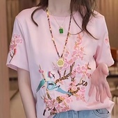 高档小衫 新中式 新款 宽松T恤女短袖 国风重工刺绣时尚 上衣2024夏装