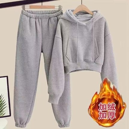 小个子秋冬休闲时尚套装女加绒加厚连帽卫衣卫裤运动服冬装两件套