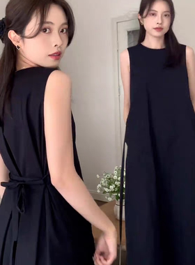 本风黑色无袖背心连衣裙子女夏季2025新款茶歇法式气质宽松长裙