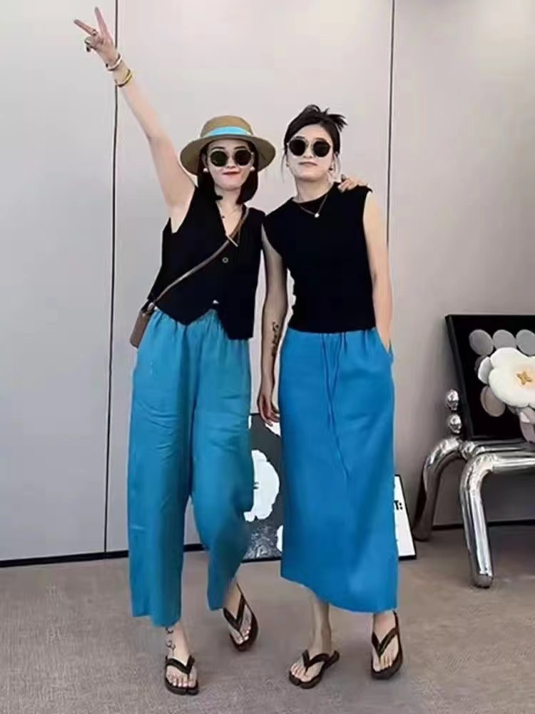高腰直筒小个子女复古蓝色棉麻裤