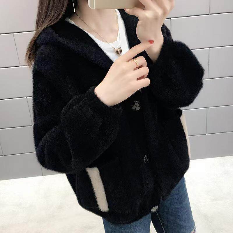 休闲风黑色水貂绒连帽开衫女宽松百搭毛绒外套2025新款