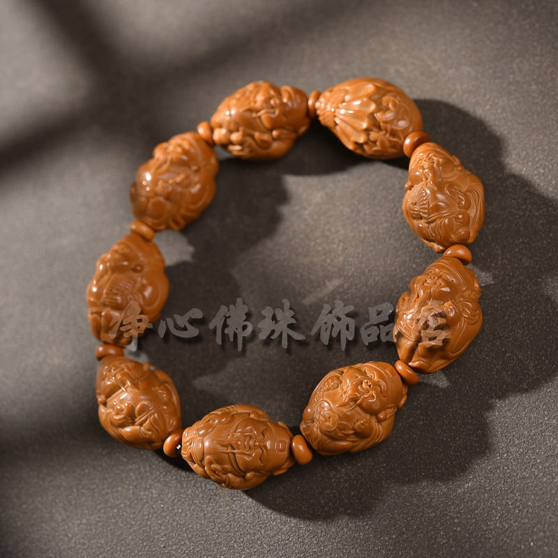 【墨白】橄榄核财神手串单圈精工手工雕刻文玩素串招财貔貅核雕