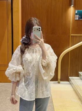 Fleur国风系列 巨废料玉石色太阳花金丝绣大袖子上衣