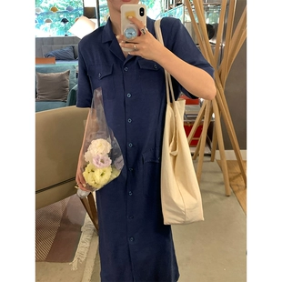 通勤日常 复古一排扣长裙夏季 英子oni 收腰显瘦气质连衣裙女 韩版