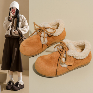 内增高真皮反绒森系休闲丑萌豆豆鞋 新款 女2025冬季 复古加绒勃肯鞋