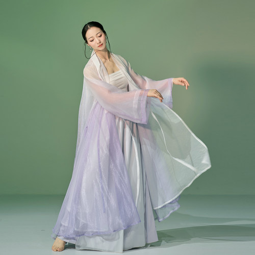 粉墨千秋 原创浅紫色渐变大摆飘逸纱衣新中式古典舞蹈纱衣