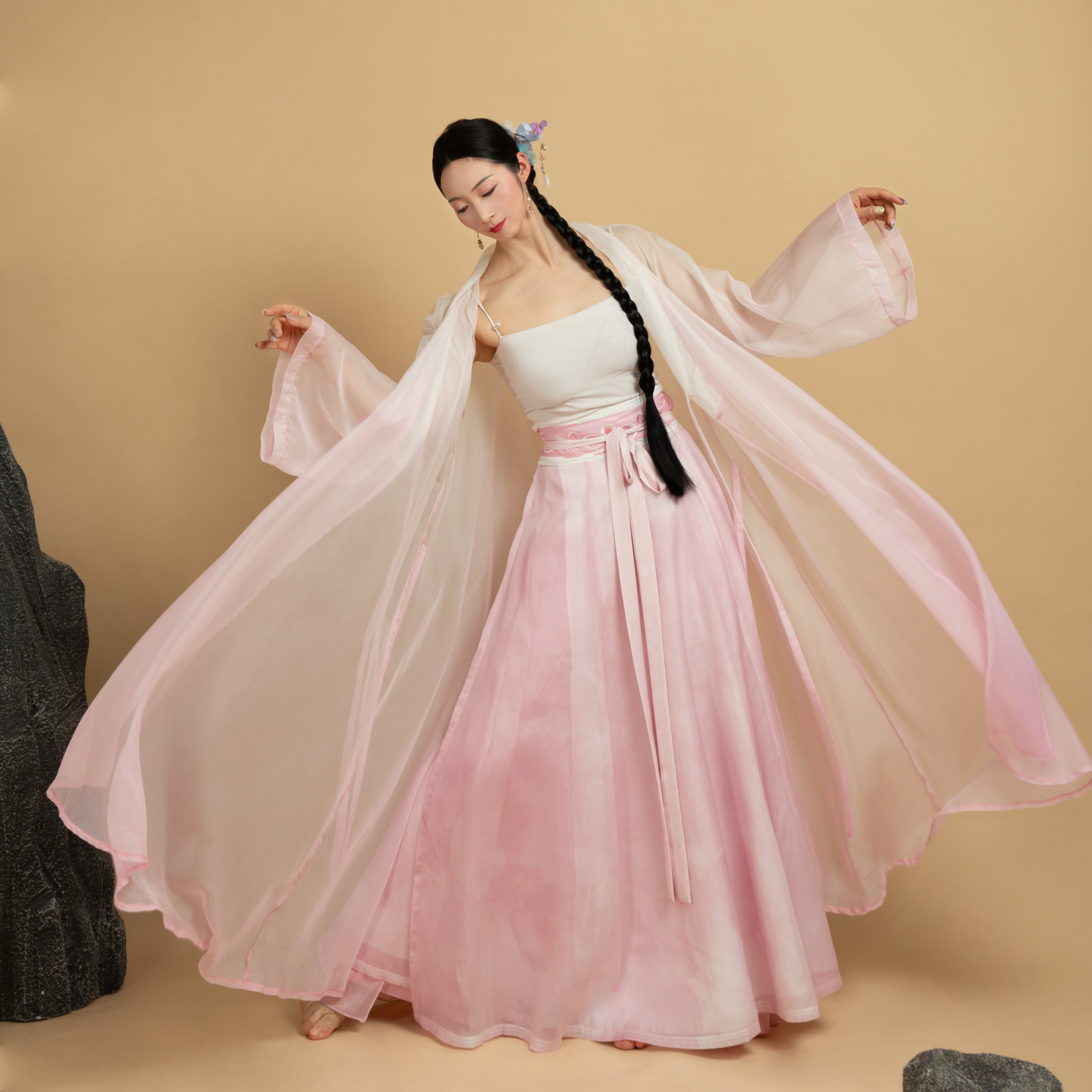 粉墨千秋 大摆粉色渐变古典舞国风古风开衫纱衣裙子