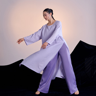 粉墨千秋宋制汉服改良现代舞舞服浅紫色圆领宽松长衫紫色阔腿裤