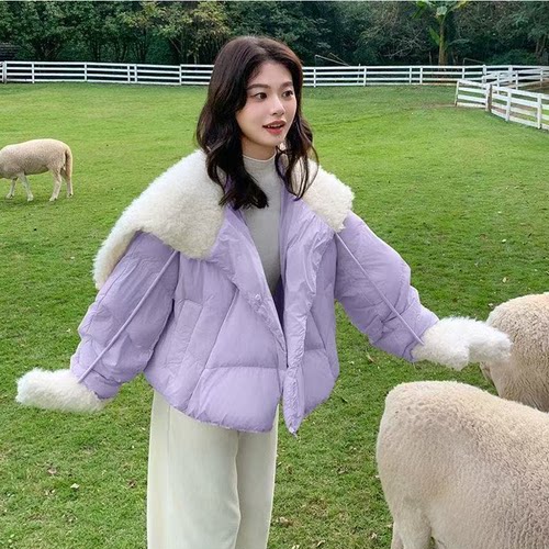 紫色羊羔毛领短款羽绒服带手套女冬宽松小香风保暖外套