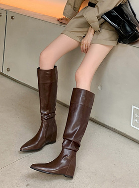 内增高yyds！法式气质尖头堆堆靴真皮不过膝显瘦坡跟白色长筒靴女