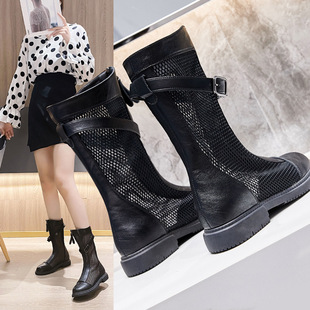 高筒网靴平底前拉链 长靴子女镂空网纱透气薄款 25夏季 网红爆款
