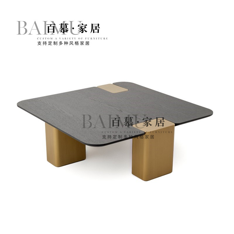 新款意式极简设计师款实木茶几边几复古艺术创意金色不锈钢脚茶几