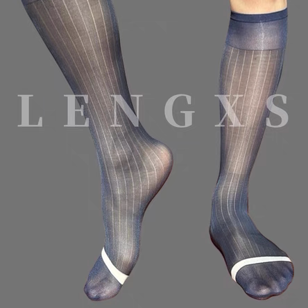 LENGXS冷先森男士正装银色线条厚木条纹丝袜商务中长筒日系西装袜