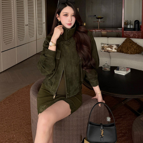BTRS M丨高级感绒面酷飒风机车夹克宽松翻领复古工装麂皮绒外套女