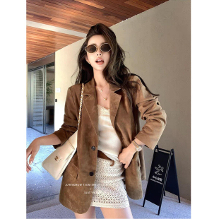 外套女 进口复古柔雾感反绒面美拉德高级感休闲麂皮绒西装 BTRS