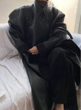 BTRS M丨黑色皮衣高级感羊羔毛长款加厚加绒保暖皮毛一体风衣外套