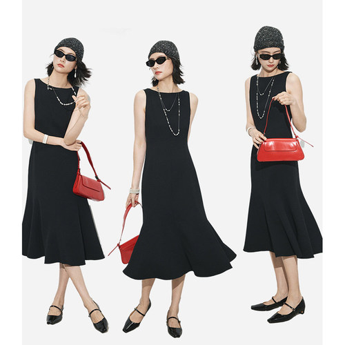 BTRS M丨礼服级立裁一字领无袖黑色鱼尾摆收腰显瘦重磅醋酸连衣裙