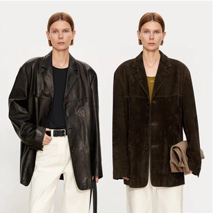 BTRS M丨复古手工轻油蜡皮衣极简老钱风折线肩廓形反绒麂皮绒西装