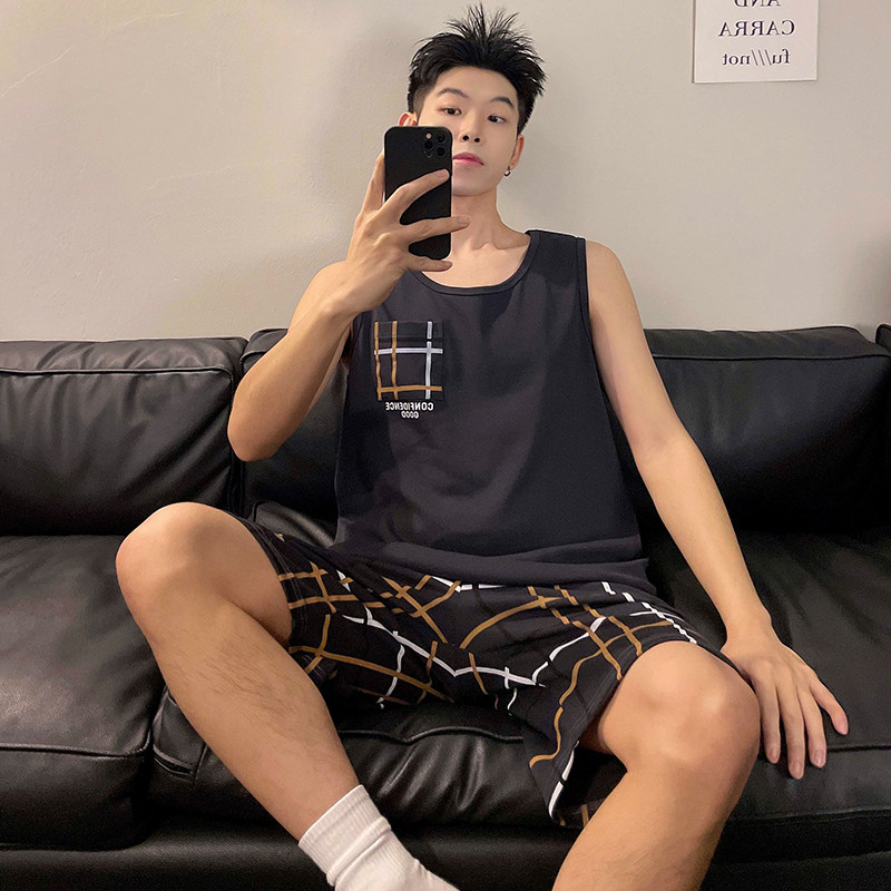 夏季背心睡衣套装男士无袖格子家居服吊带条纹运动休闲韩版可外穿