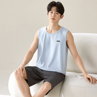 莫代尔冰丝男士夏季睡衣套装加肥加大码无袖背心薄款家居服可外穿